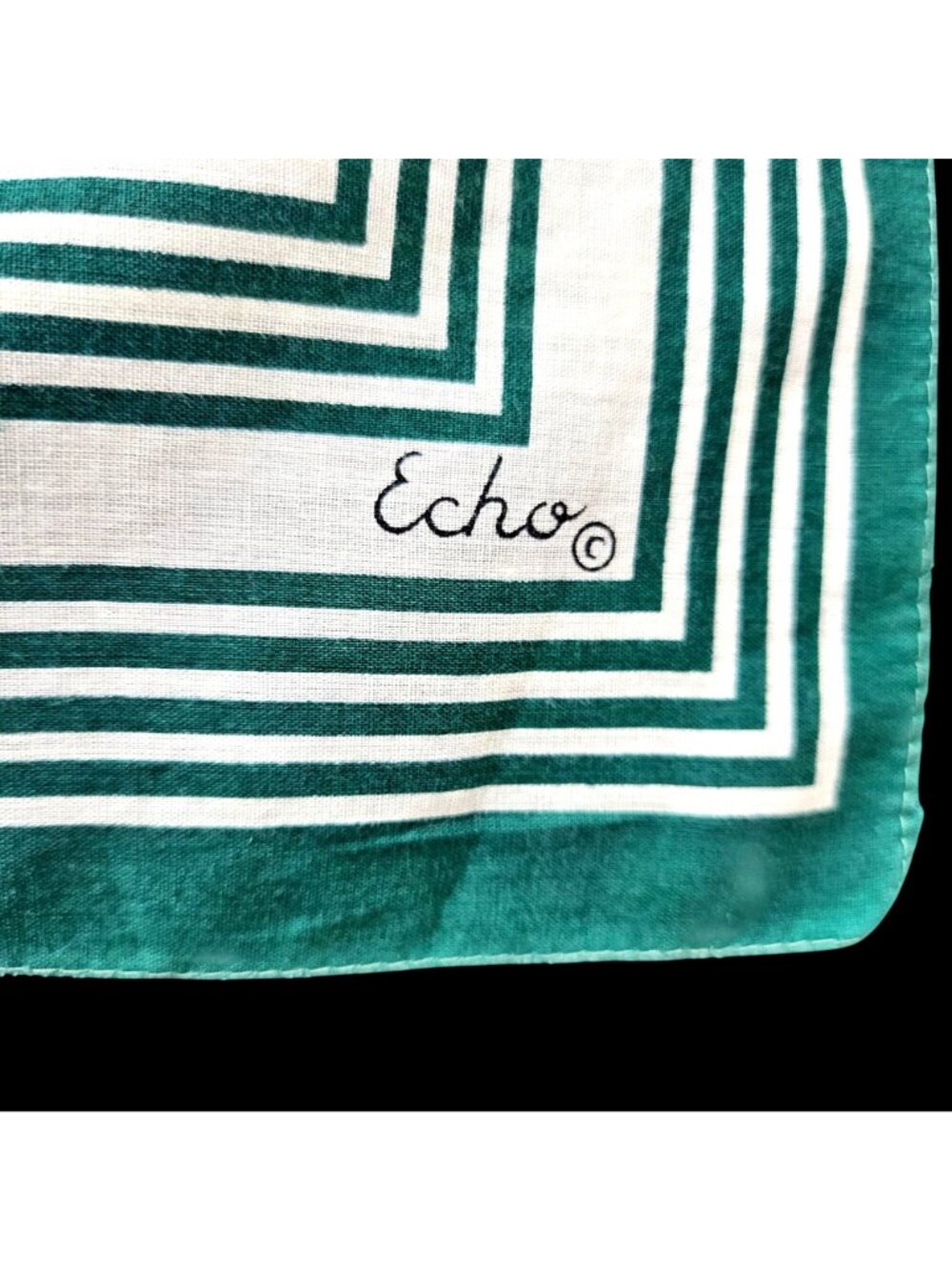 Vintage Echo Green White Stripe Grid Cotton Square Scarf 25x26 - Picture 2 of 9